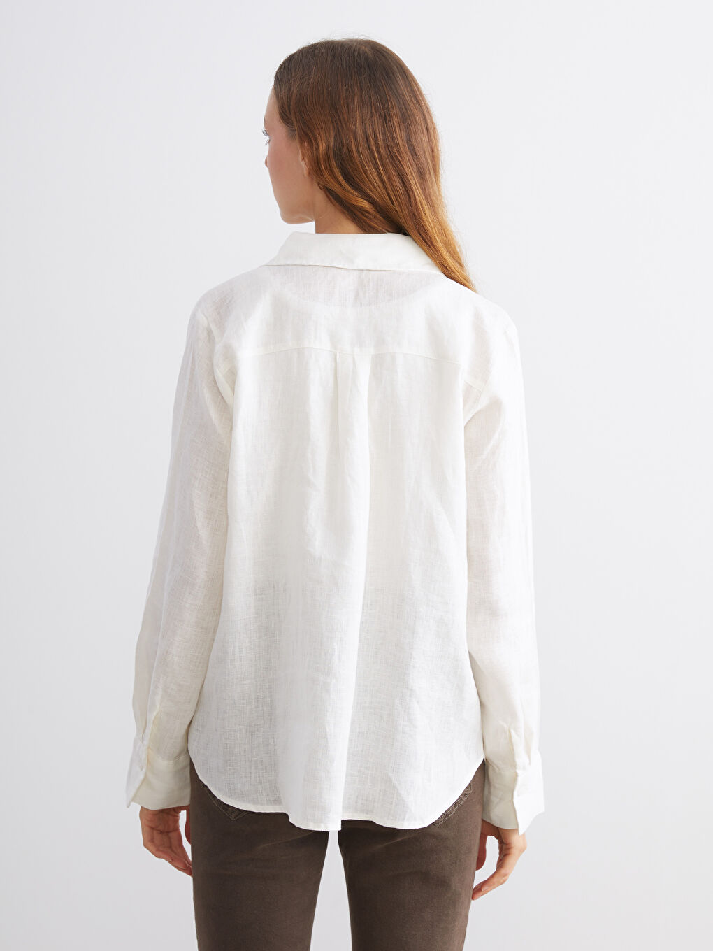 Ekru %100 Keten Kadın Gömlek-3