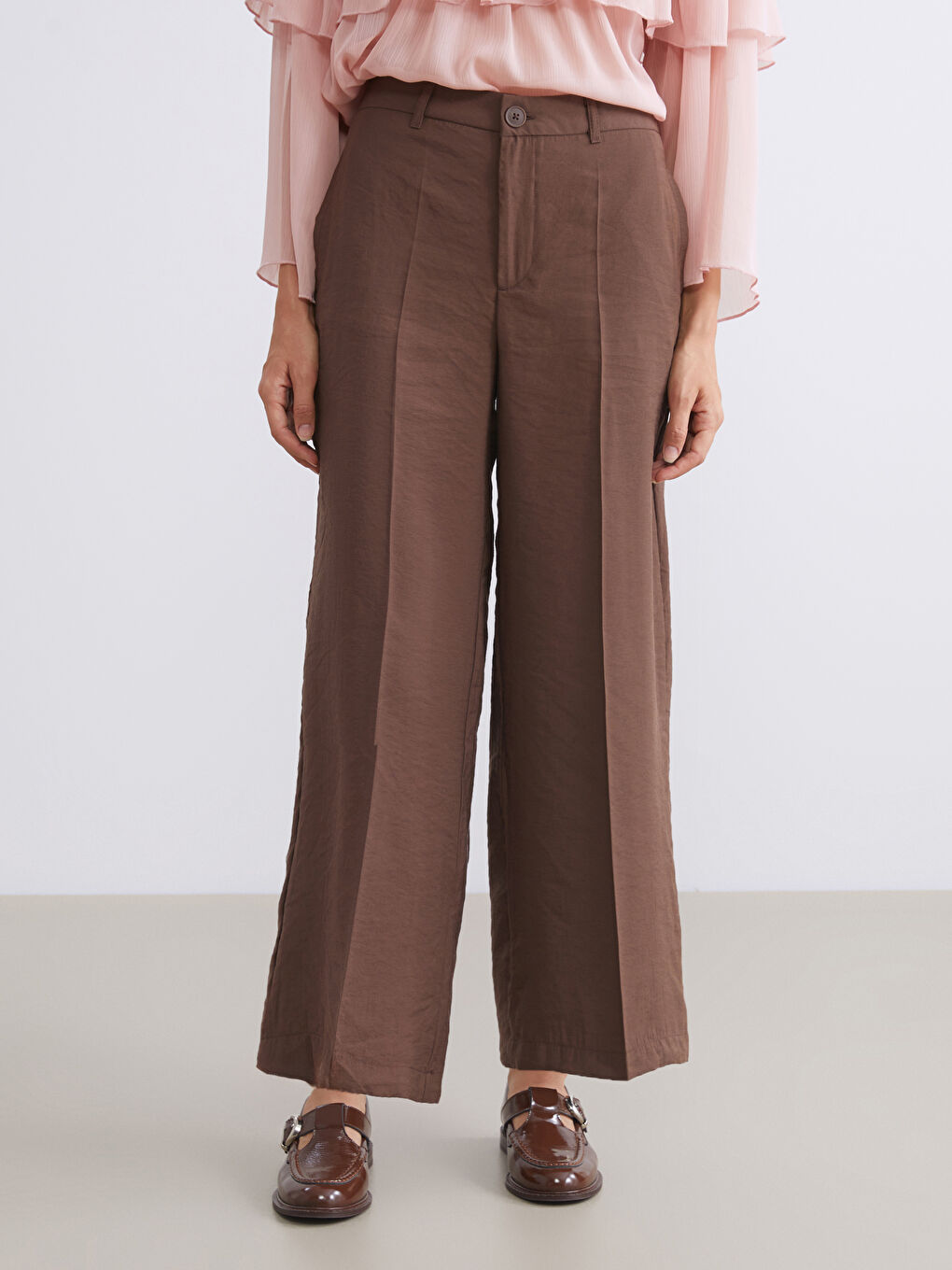 Kahverengi Modal Karışımlı Geniş Paça Kadın Pantolon-1