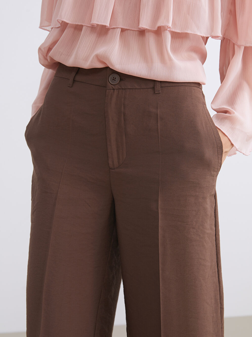 Kahverengi Modal Karışımlı Geniş Paça Kadın Pantolon-2