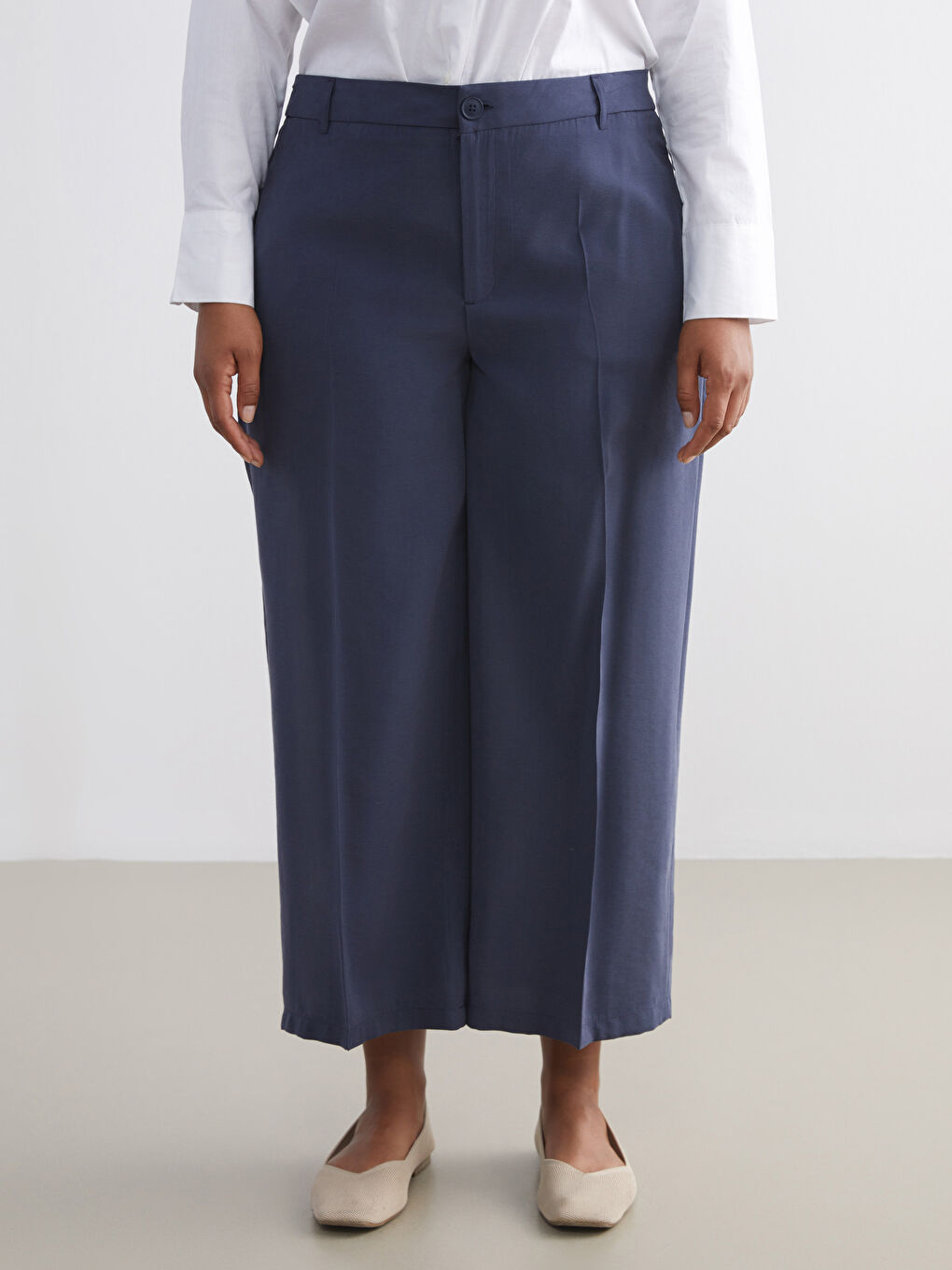 Lacivert Modal Karışımlı Geniş Paça Kadın Pantolon-6