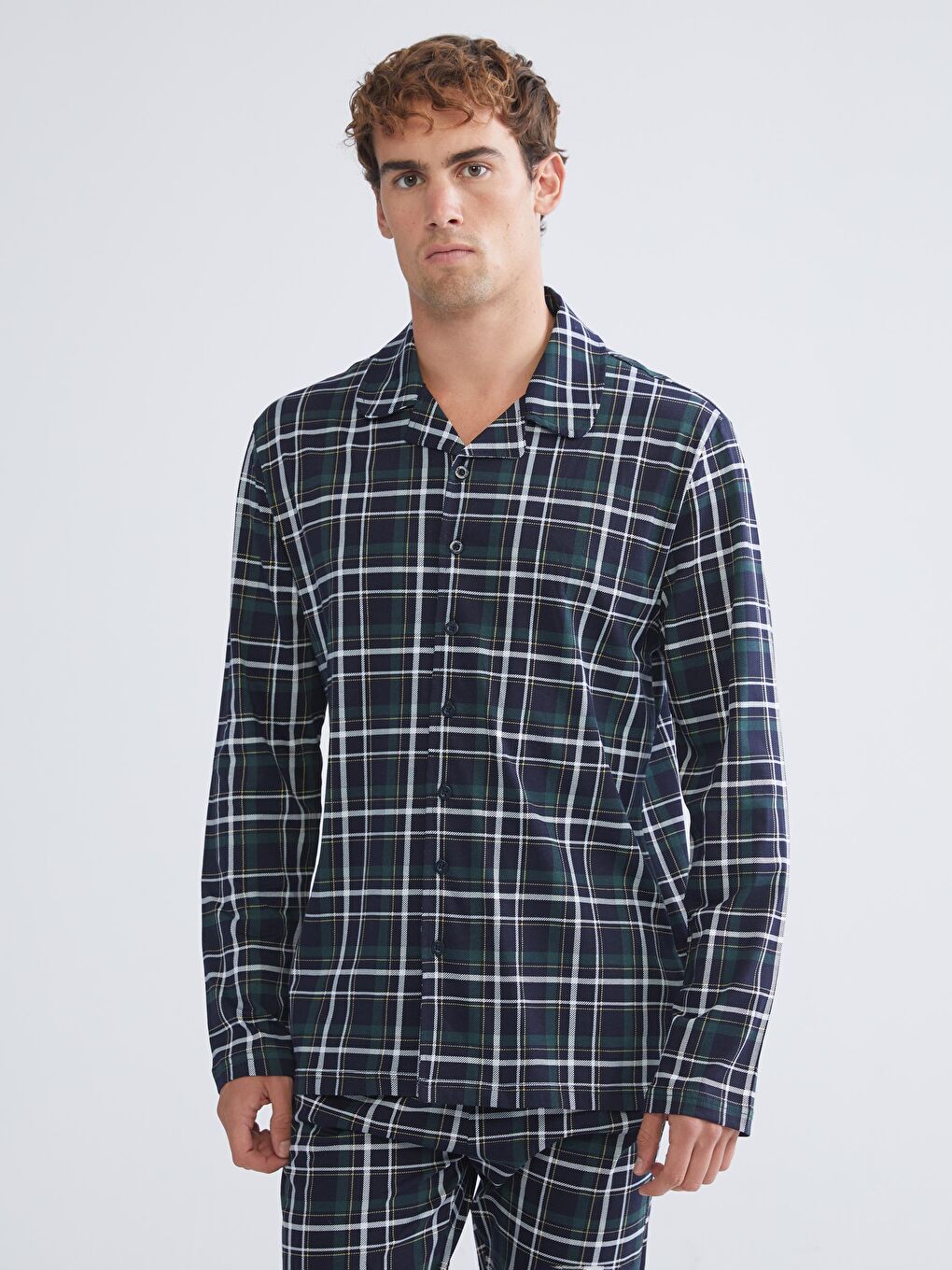 Lacivert Gömlek Yaka Ekose Erkek Pijama Üstü-1