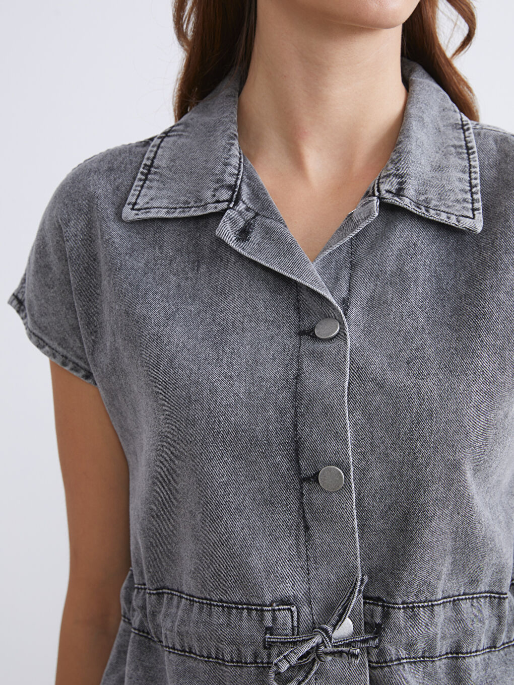 Siyah Beli Bağlamalı Kadın Jean Gömlek-2