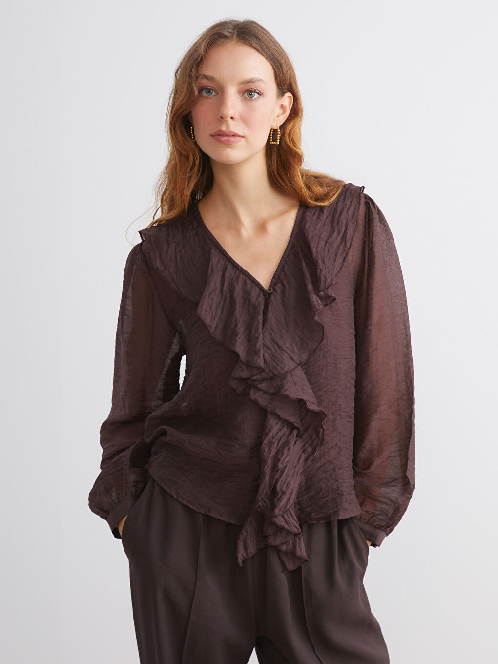 V Neck Frilled Chiffon Blouse