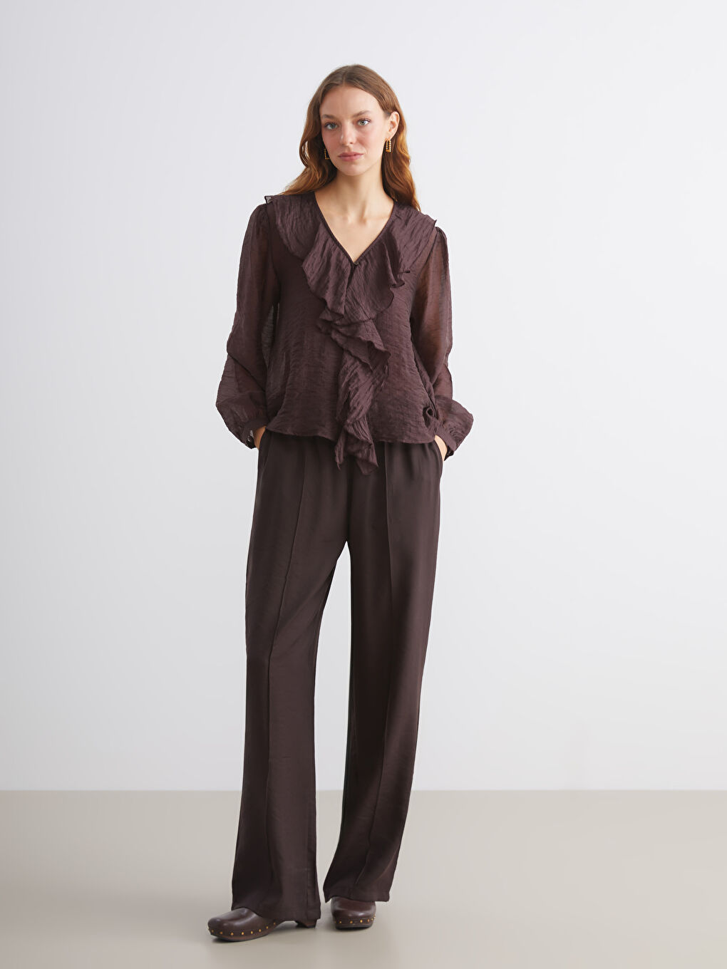 V Neck Frilled Chiffon Blouse-1