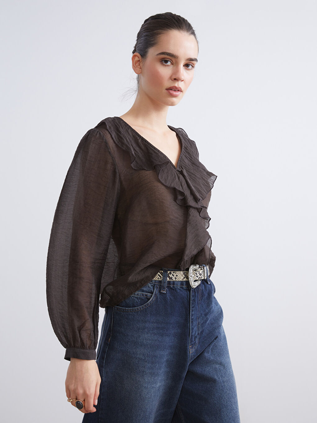 V Neck Frilled Chiffon Blouse