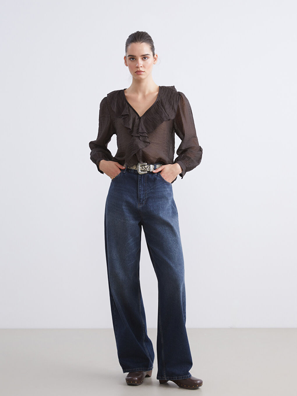 V Neck Frilled Chiffon Blouse-1