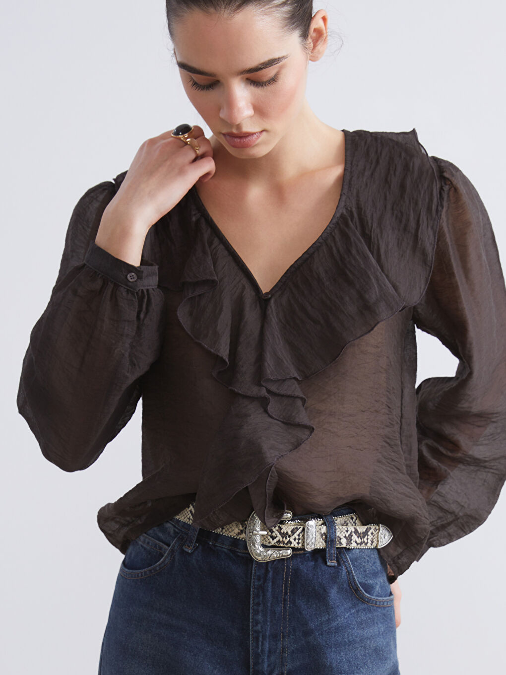 V Neck Frilled Chiffon Blouse-2