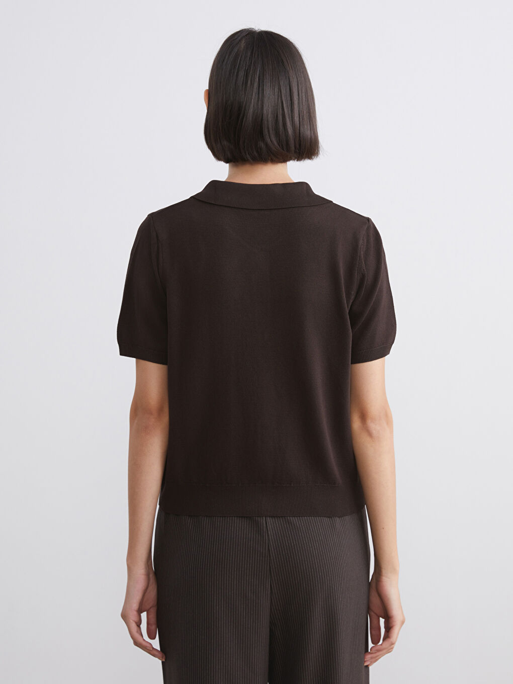 Kahverengi Polo Yaka Kadın Triko Hırka-3