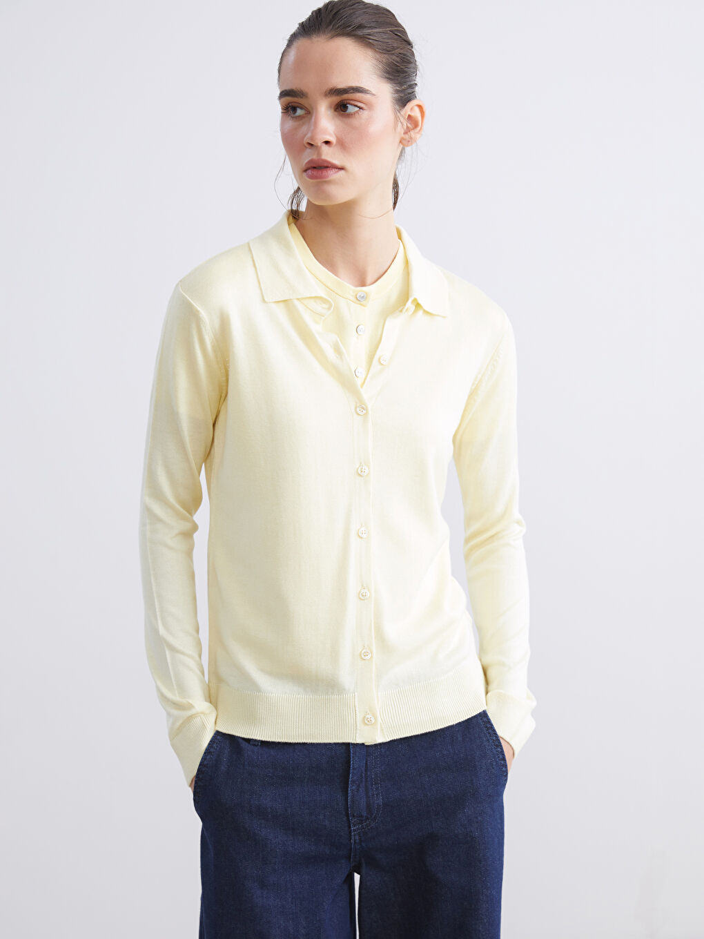 Sarı Polo Yaka Kadın Triko Hırka