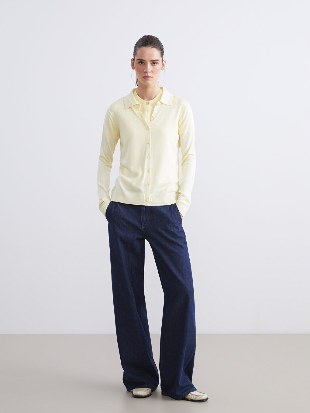 Sarı Polo Yaka Kadın Triko Hırka-1