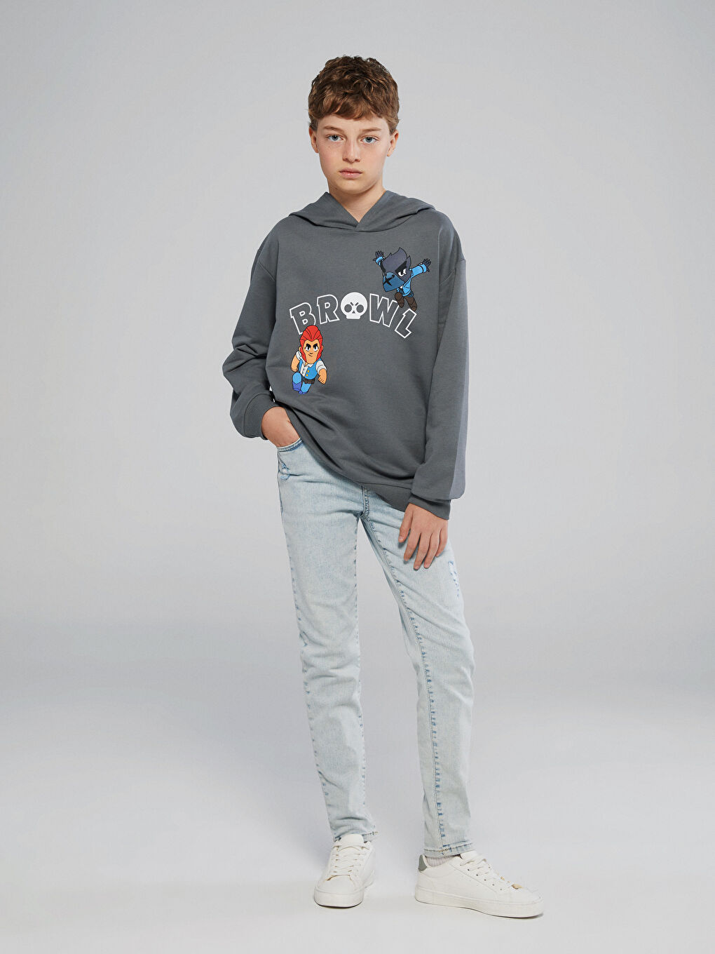 Gri Kapüşonlu Brawl Stars Baskılı Erkek Çocuk Sweatshirt-1