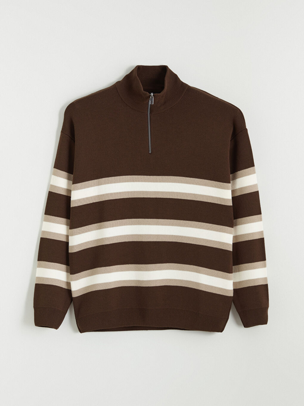 Kahverengi Fermuarlı Dik Yaka Çizgili Erkek Triko Kazak-4