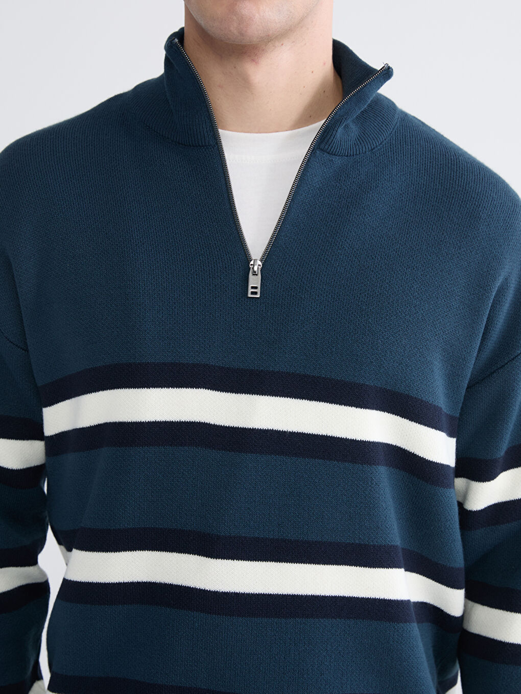 Petrol Fermuarlı Dik Yaka Çizgili Erkek Triko Kazak-1