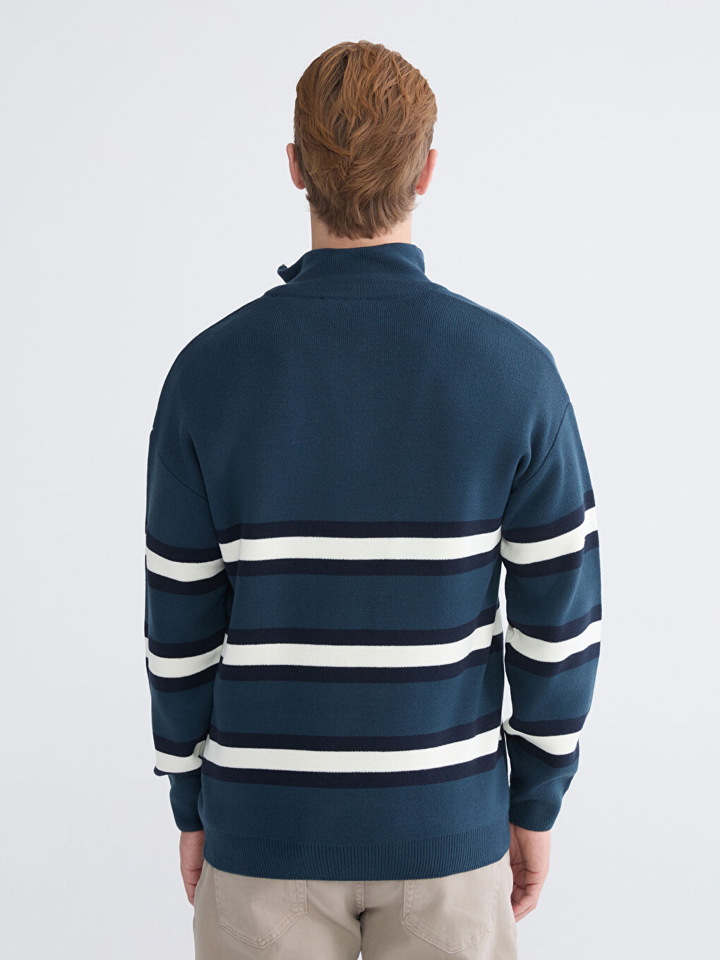 Petrol Fermuarlı Dik Yaka Çizgili Erkek Triko Kazak-2