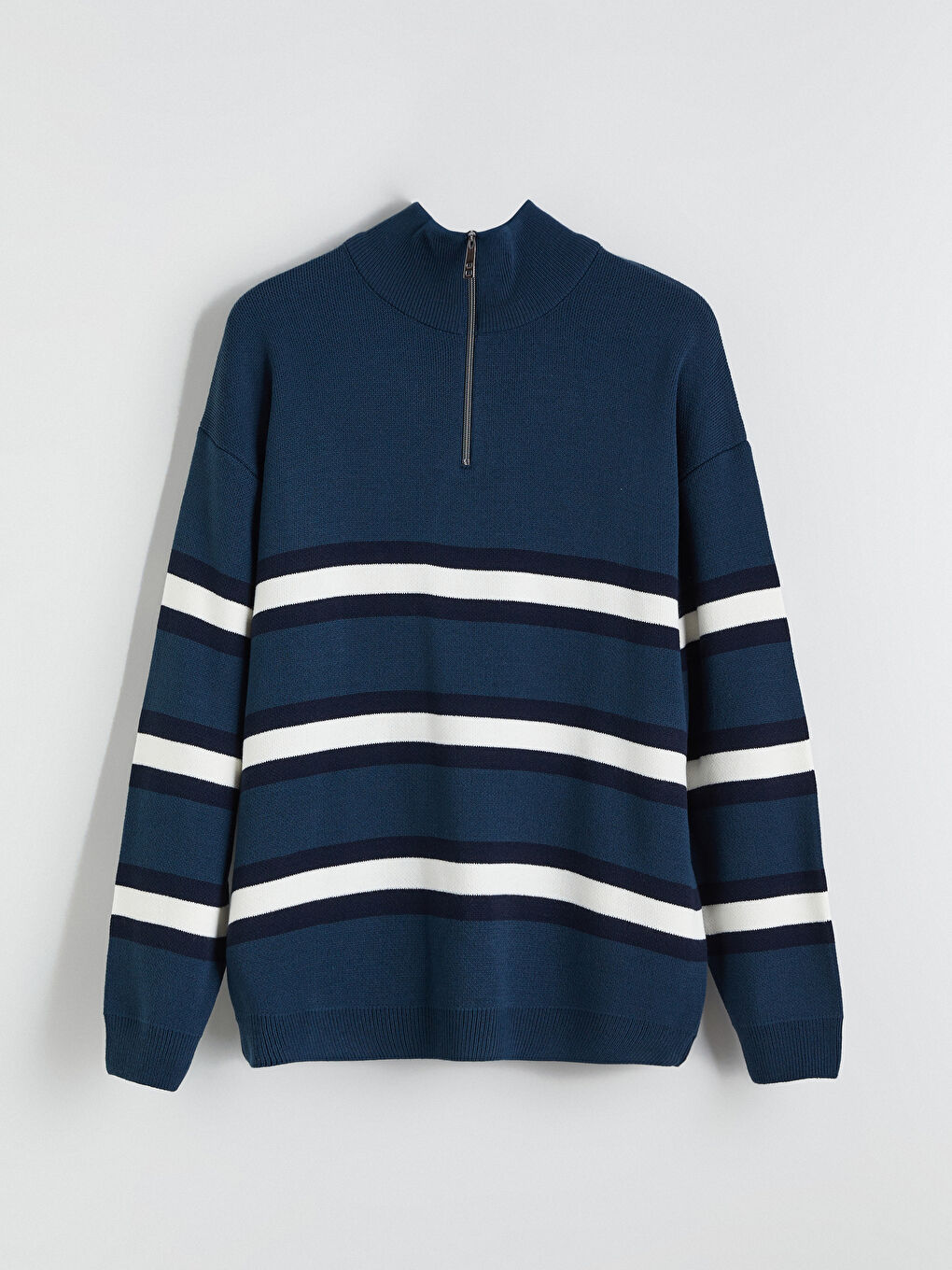 Petrol Fermuarlı Dik Yaka Çizgili Erkek Triko Kazak-3