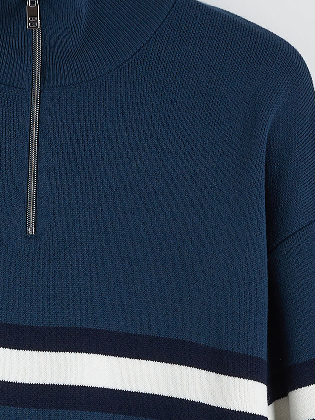 Petrol Fermuarlı Dik Yaka Çizgili Erkek Triko Kazak-4