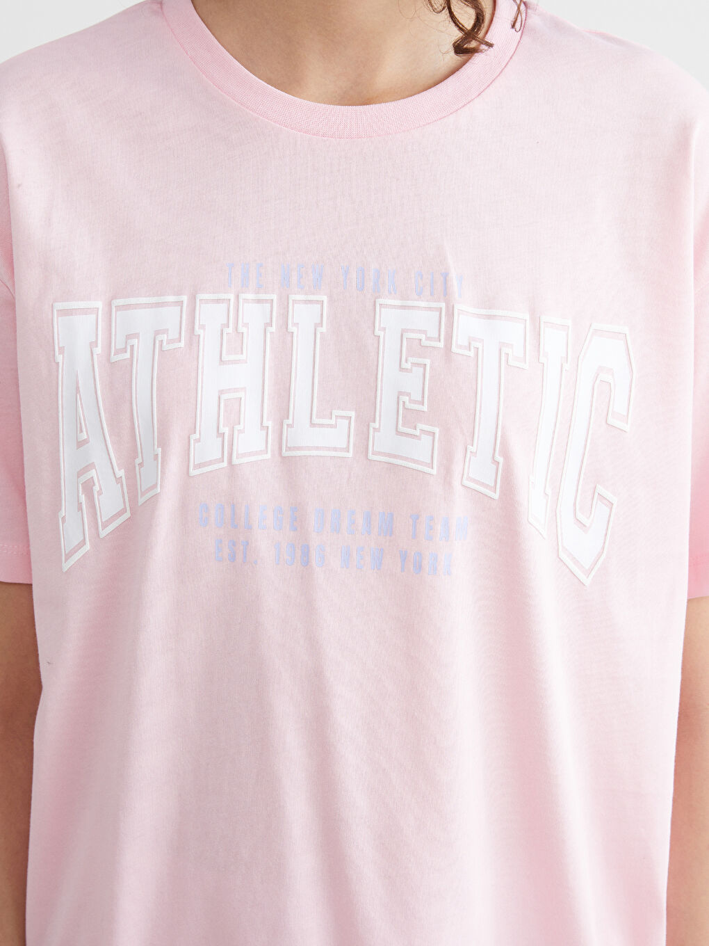 Pembe Bisiklet Yaka New York Baskılı Kadın Tişört-2