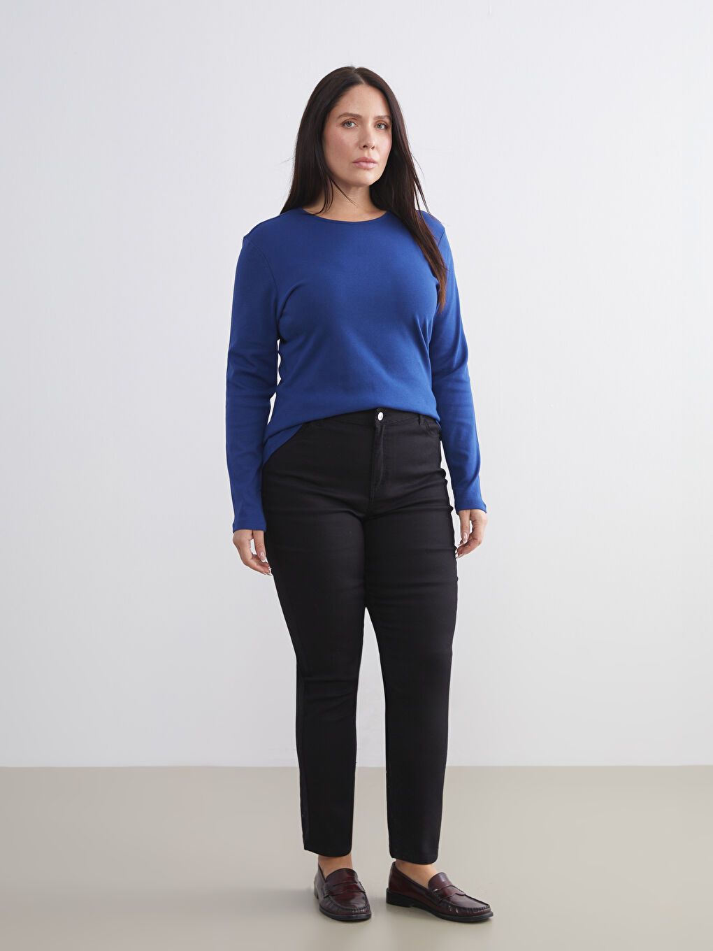 Lacivert Büyük Beden Bisiklet Yaka Fitilli Kadın Tişört-5