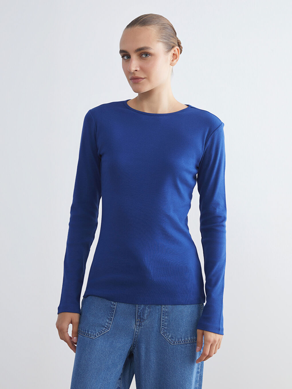 Lacivert Büyük Beden Bisiklet Yaka Fitilli Kadın Tişört