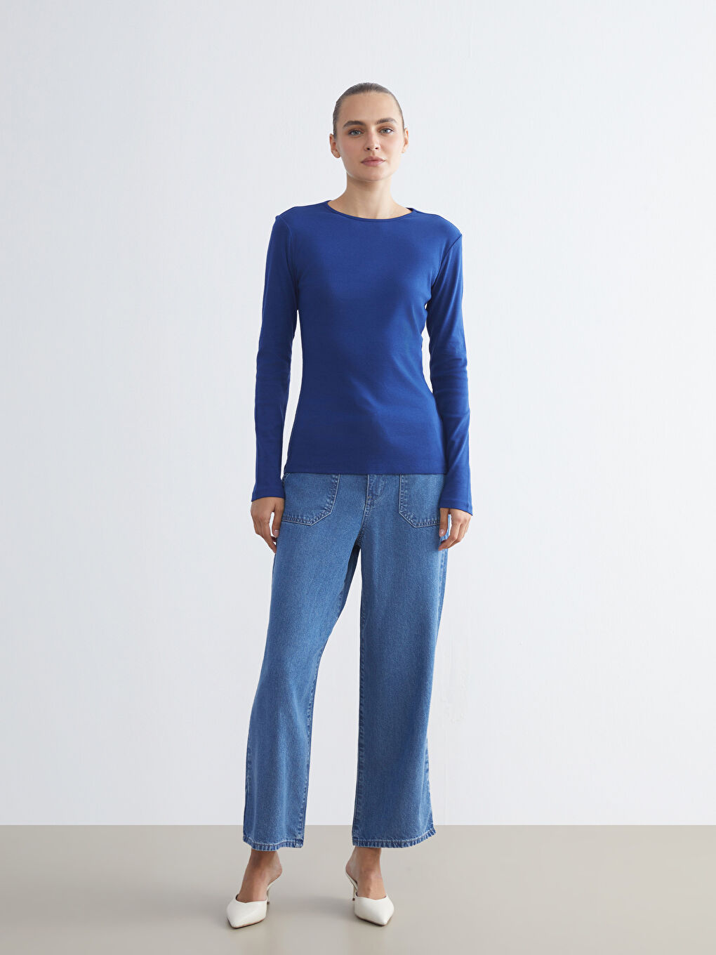 Lacivert Büyük Beden Bisiklet Yaka Fitilli Kadın Tişört-2