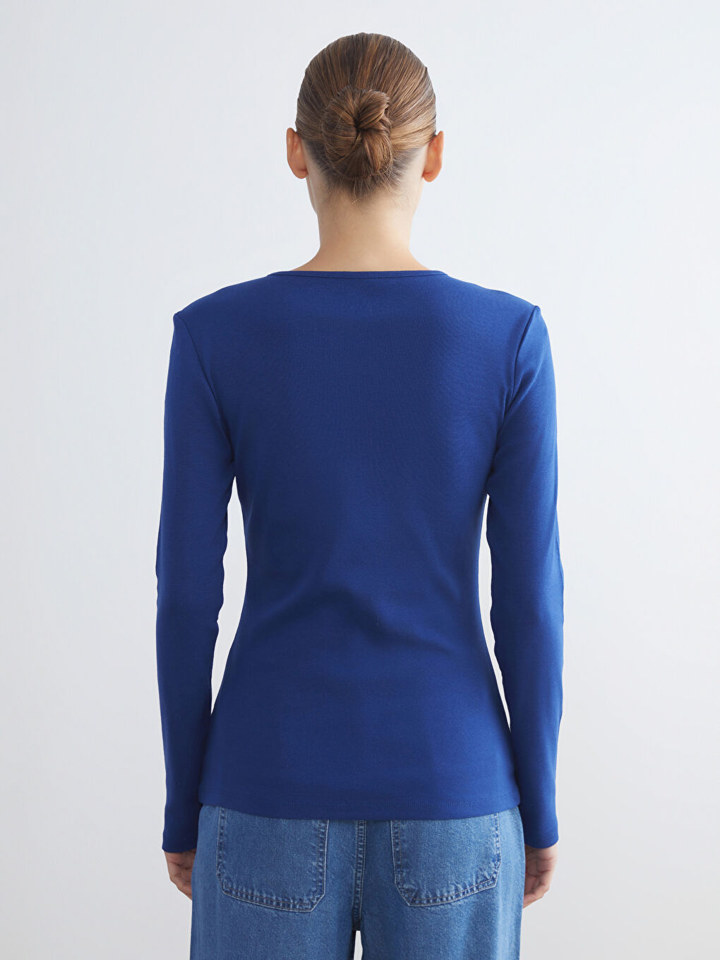 Lacivert Büyük Beden Bisiklet Yaka Fitilli Kadın Tişört-4