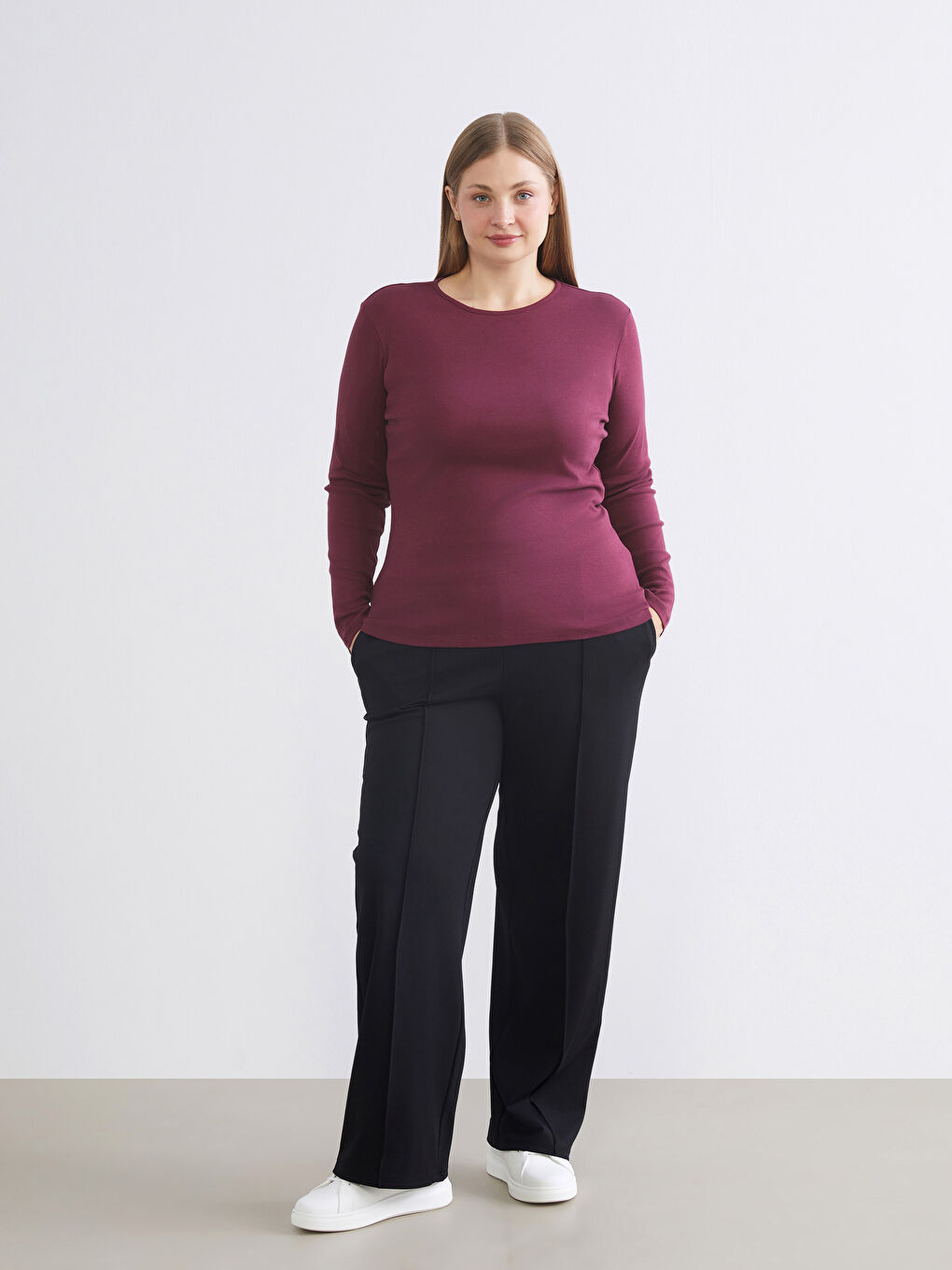 Bordo Büyük Beden Bisiklet Yaka Fitilli Kadın Tişört-5