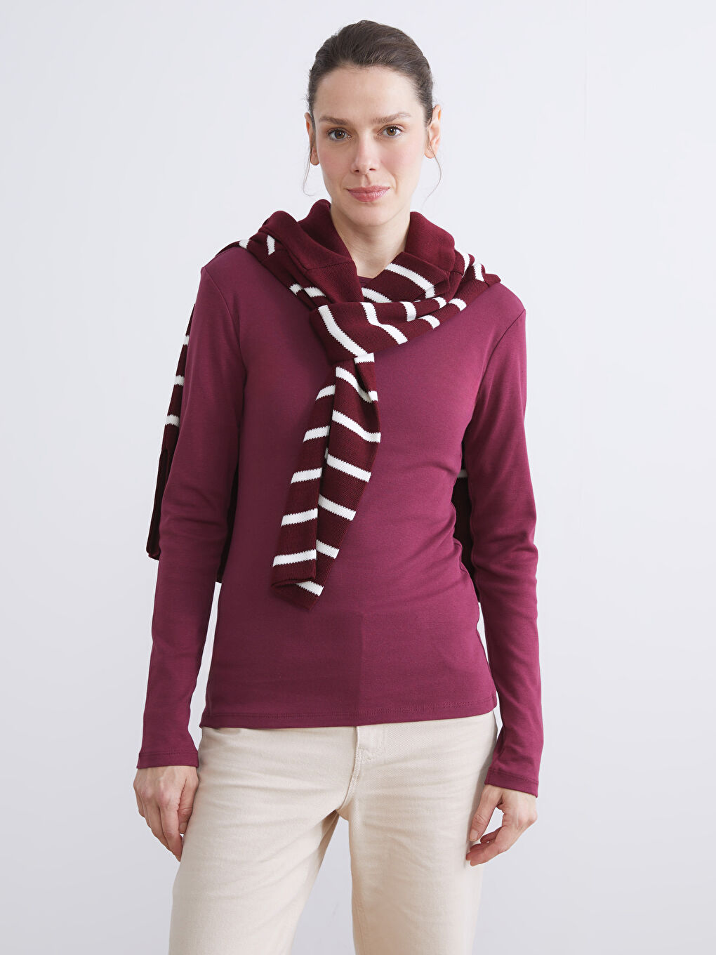 Bordo Büyük Beden Bisiklet Yaka Fitilli Kadın Tişört