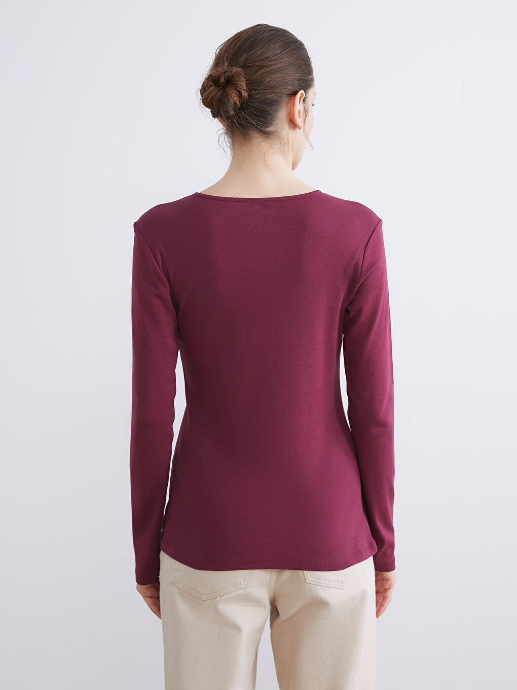 Bordo Büyük Beden Bisiklet Yaka Fitilli Kadın Tişört-4