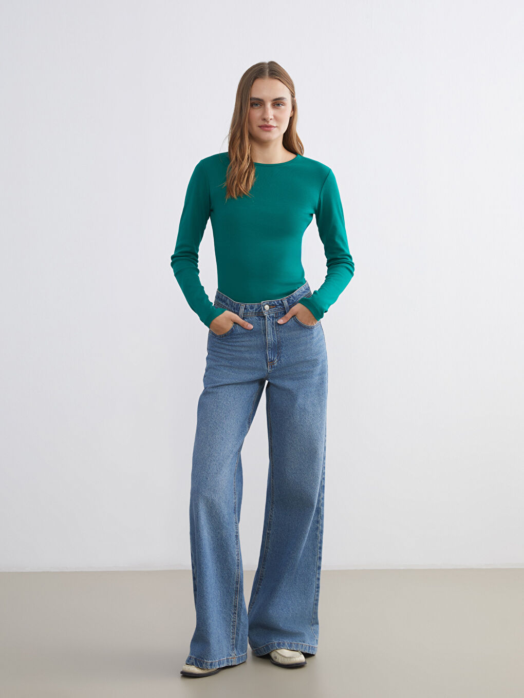 Yeşil Büyük Beden Bisiklet Yaka Fitilli Kadın Tişört-1