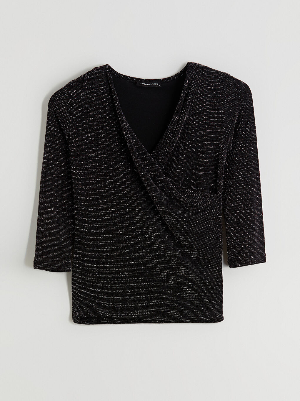 Siyah Kruvaze Yaka Parlak Görünümlü Bluz-6