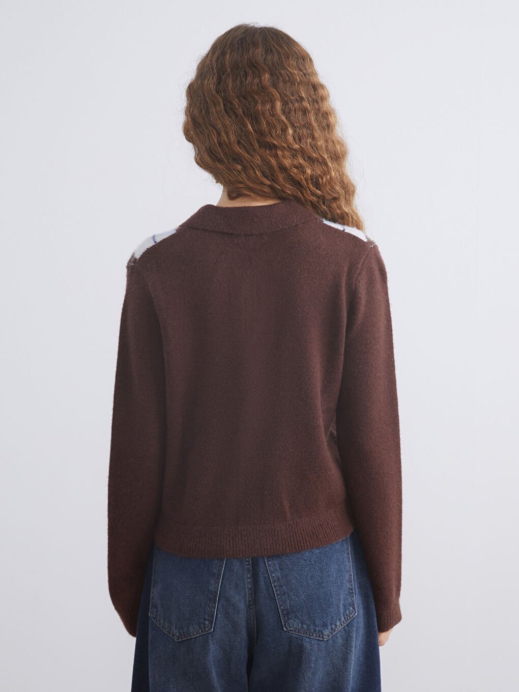 Kahverengi Polo Yaka Baklava Desenli Kadın Triko Kazak-3