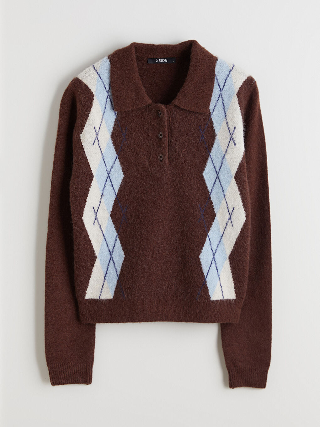 Kahverengi Polo Yaka Baklava Desenli Kadın Triko Kazak-4