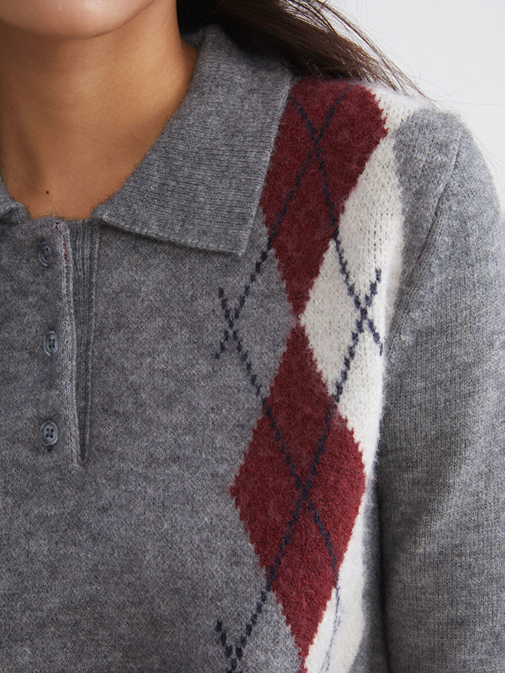 Gri Polo Yaka Baklava Desenli Kadın Triko Kazak-2