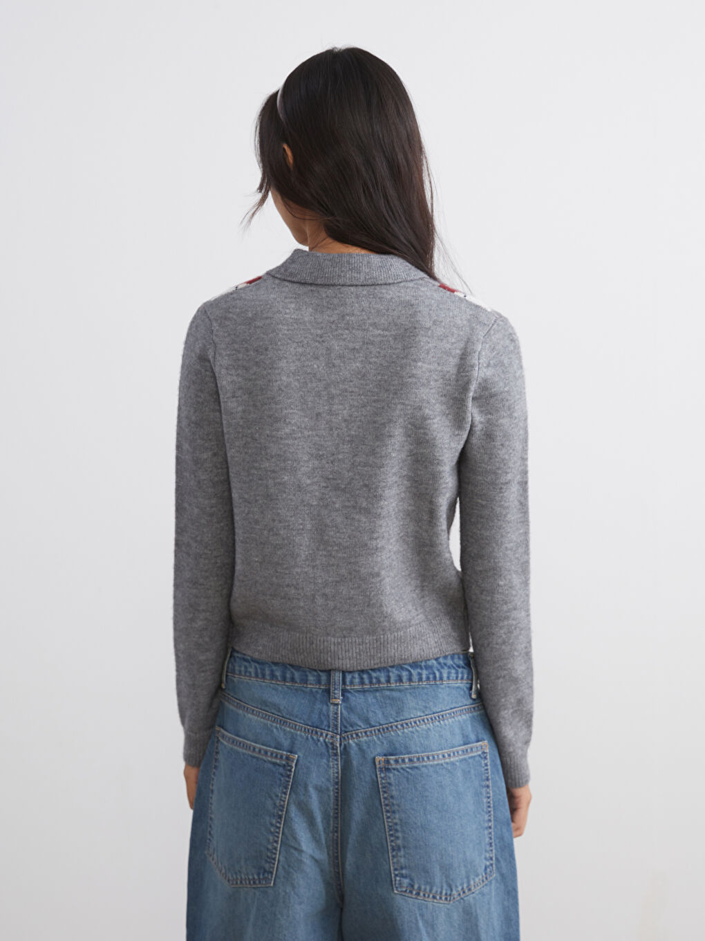 Gri Polo Yaka Baklava Desenli Kadın Triko Kazak-3