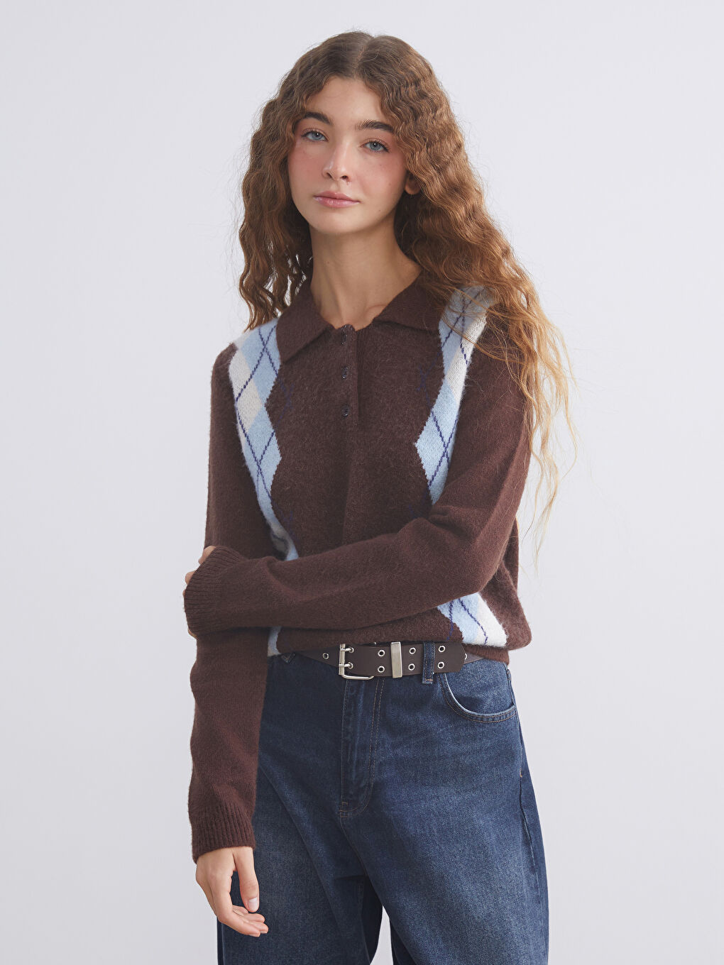 Polo Neck Argyle Pattern Women's Knitwear Sweater