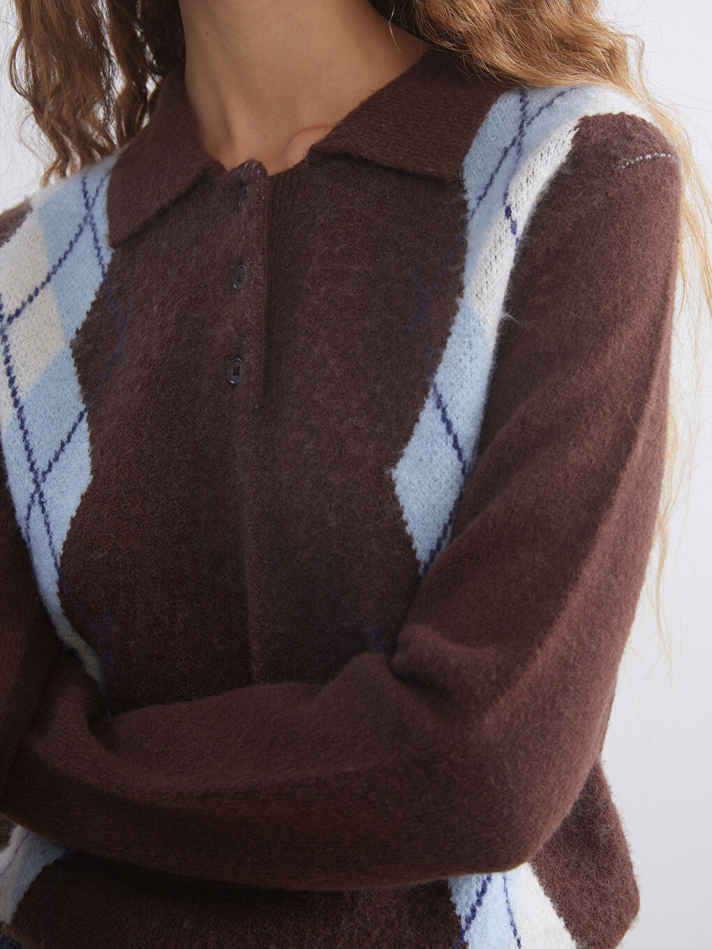 Polo Neck Argyle Pattern Women's Knitwear Sweater-2