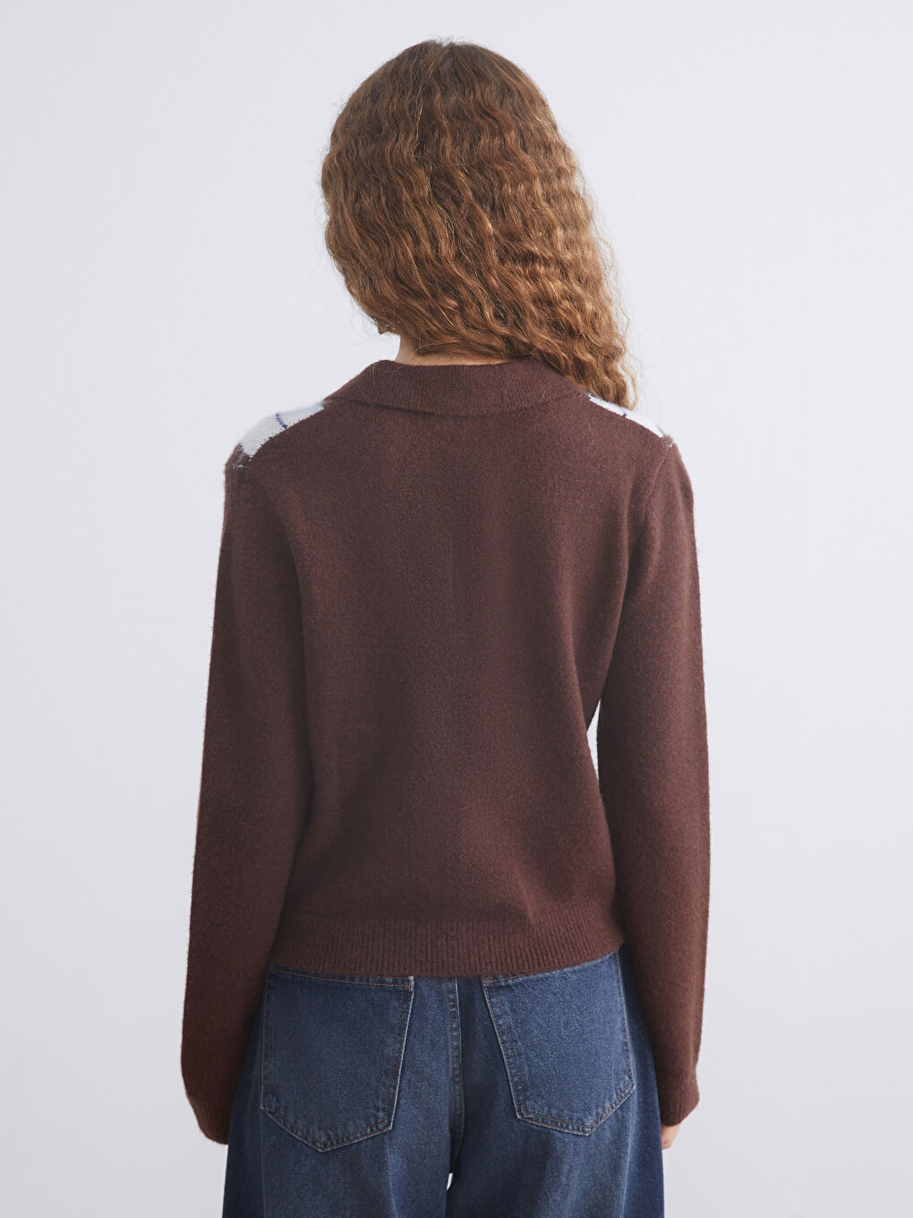 Polo Neck Argyle Pattern Women's Knitwear Sweater-3