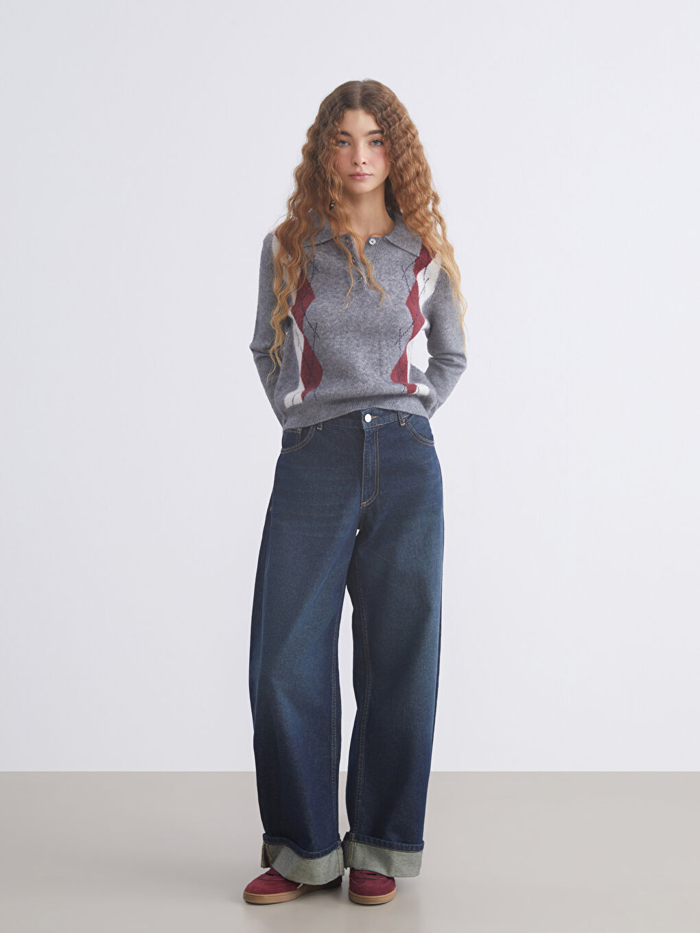 Polo Neck Argyle Pattern Women's Knitwear Sweater-1