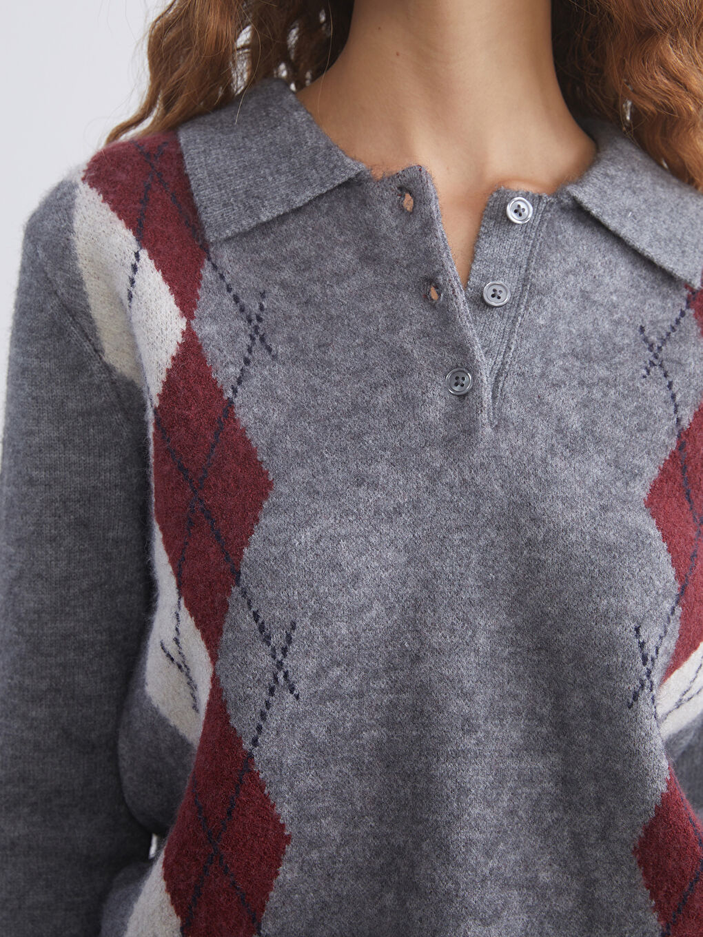 Polo Neck Argyle Pattern Women's Knitwear Sweater-2