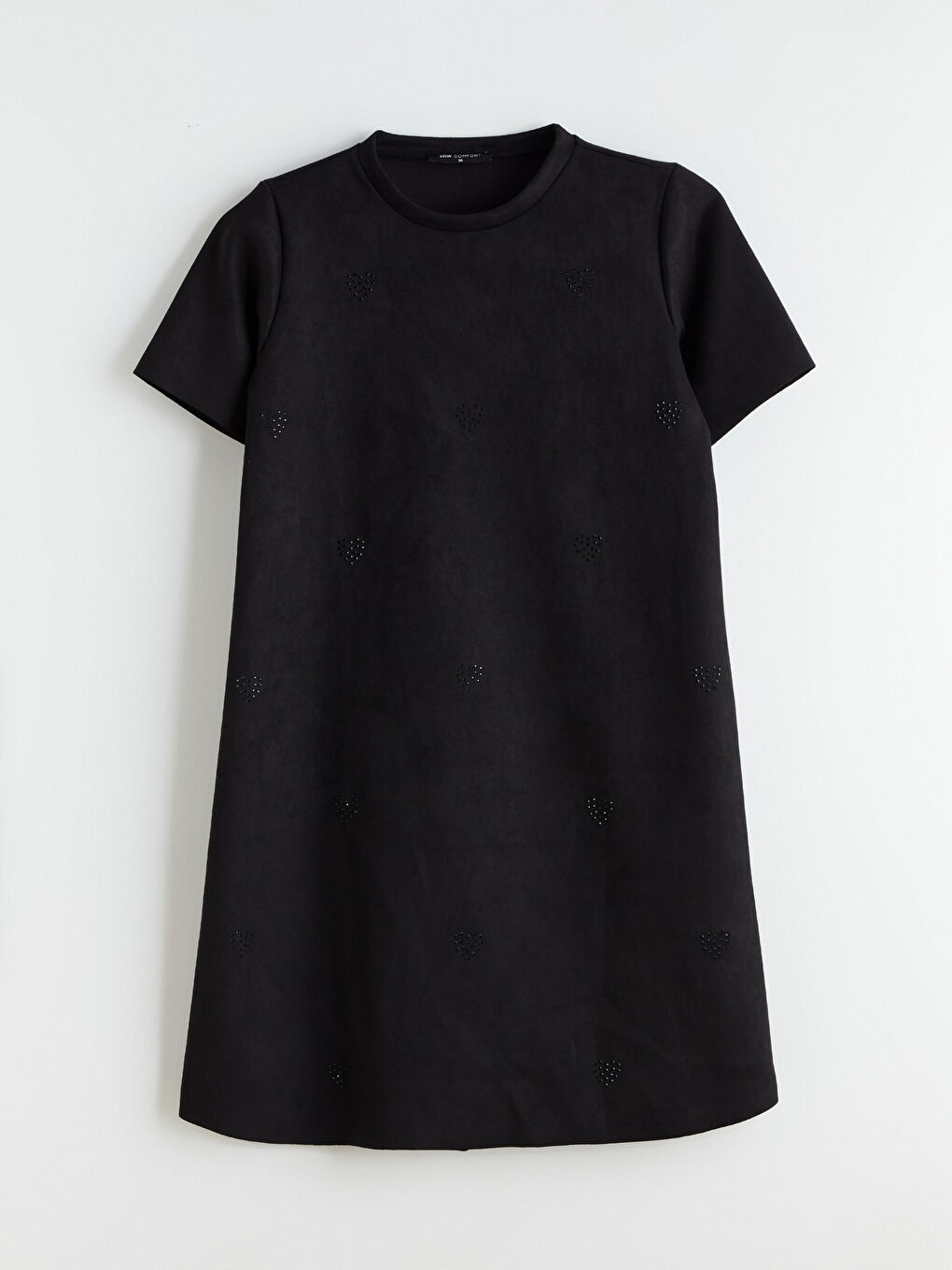 Siyah Bisiklet Yaka Taşlı Süet Mini Elbise-5