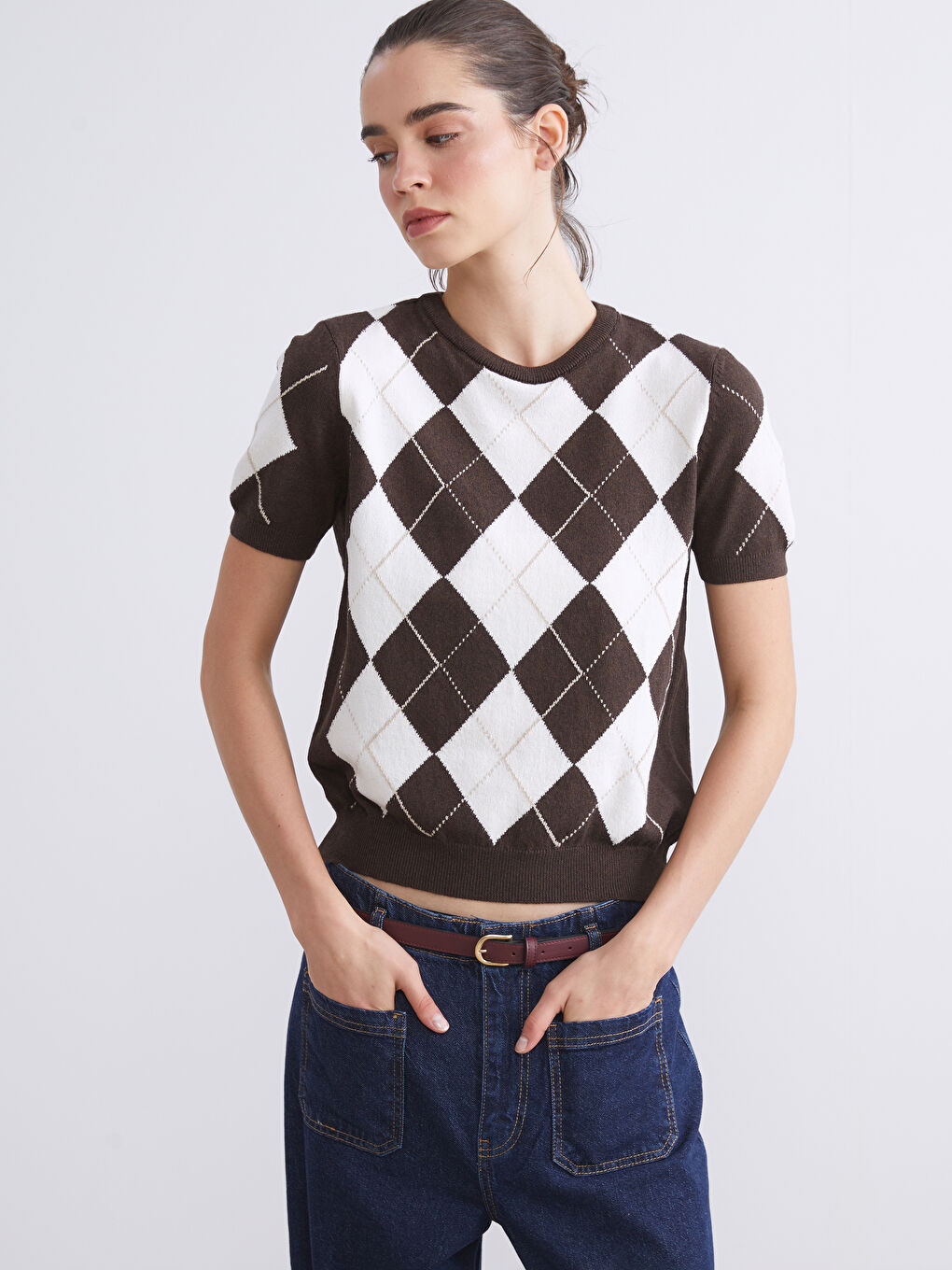 Kahverengi Bisiklet Yaka Baklava Desenli Kadın Triko Kazak