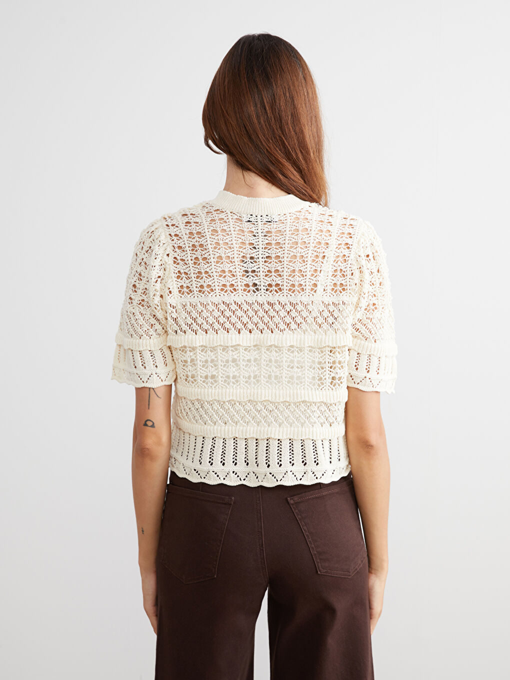 Ekru Bağlamalı Yaka Ajurlu Kadın Triko Hırka-4