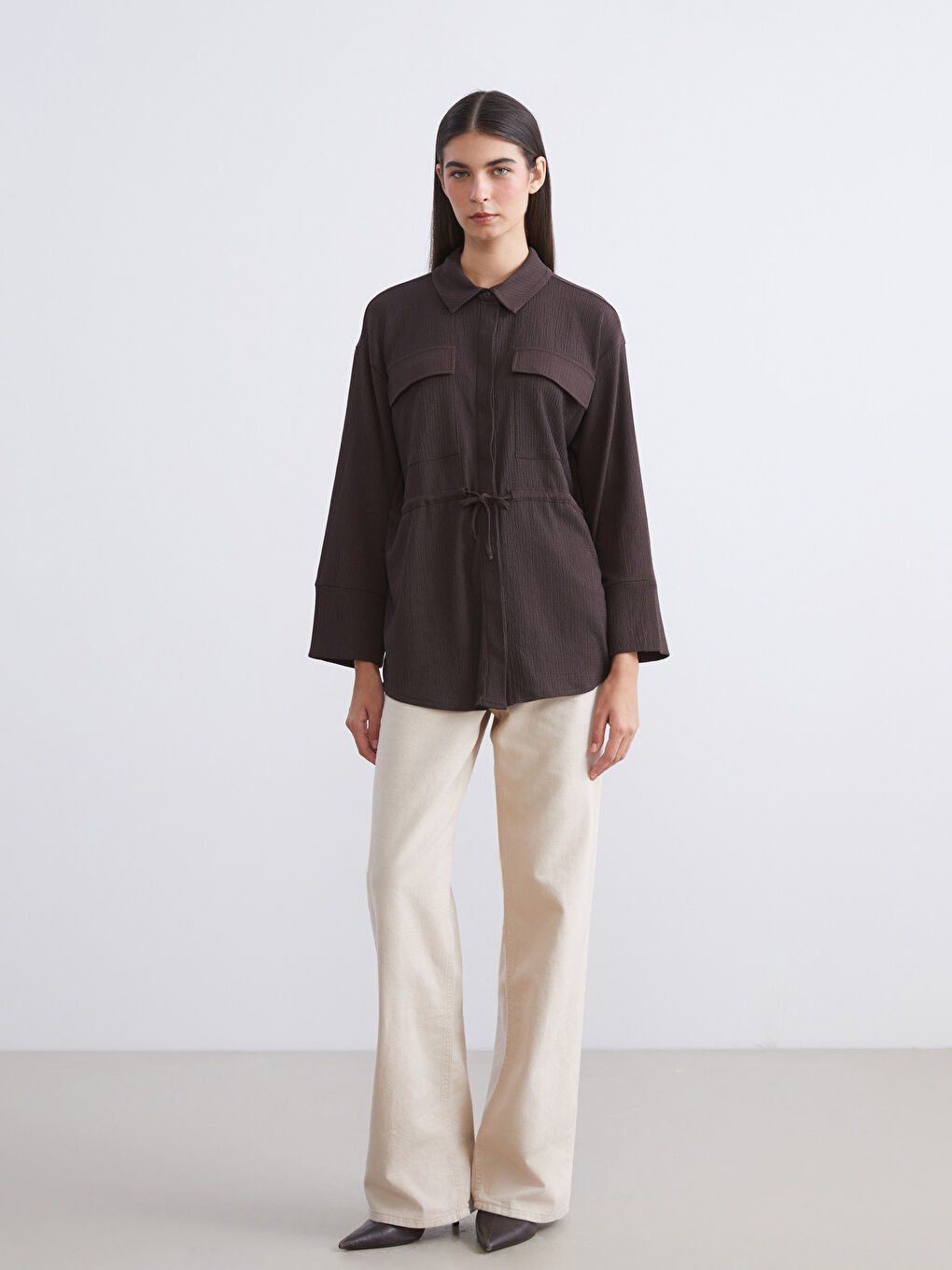 Kahverengi Dokulu Kadın Gömlek Tunik-1