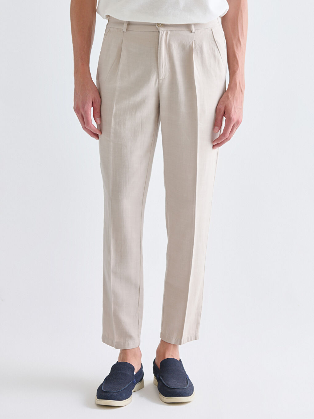 Bej Standart Kalıp Keten Görünümlü Erkek Pantolon-1