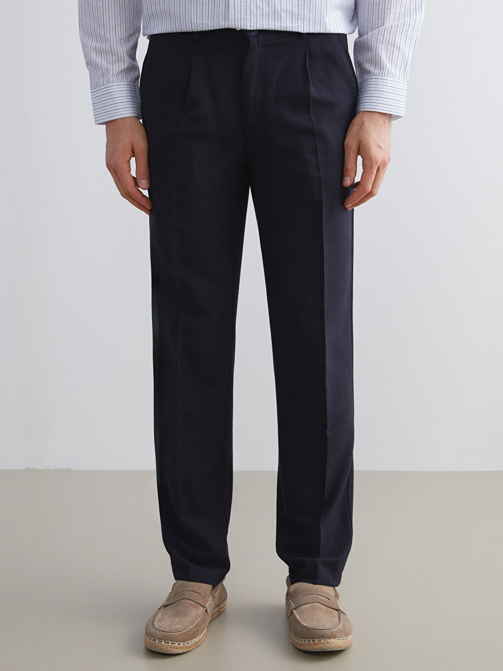 Lacivert Standart Kalıp Keten Görünümlü Erkek Pantolon-1