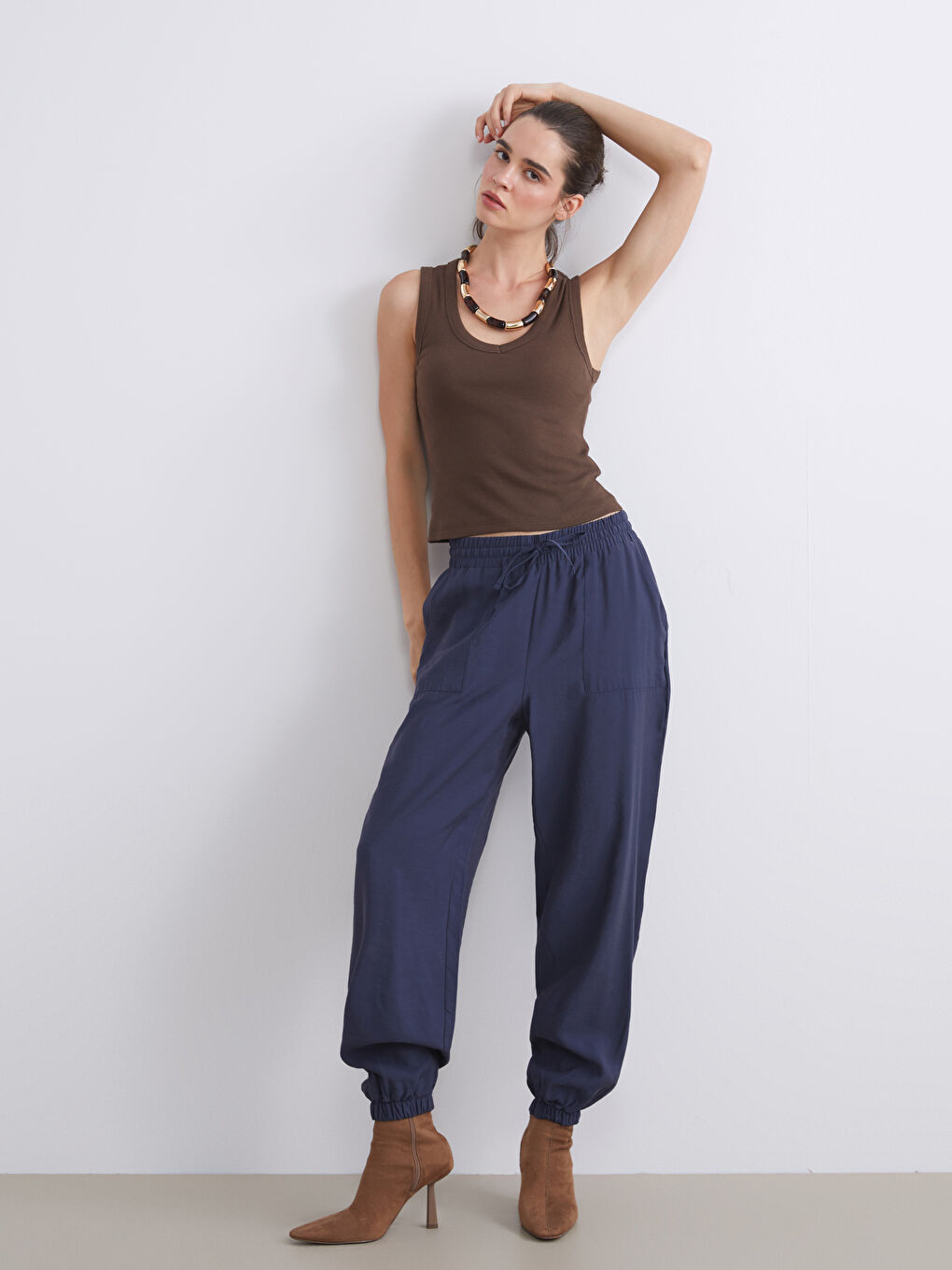 Lacivert Beli Lastikli Kadın Jogger Pantolon