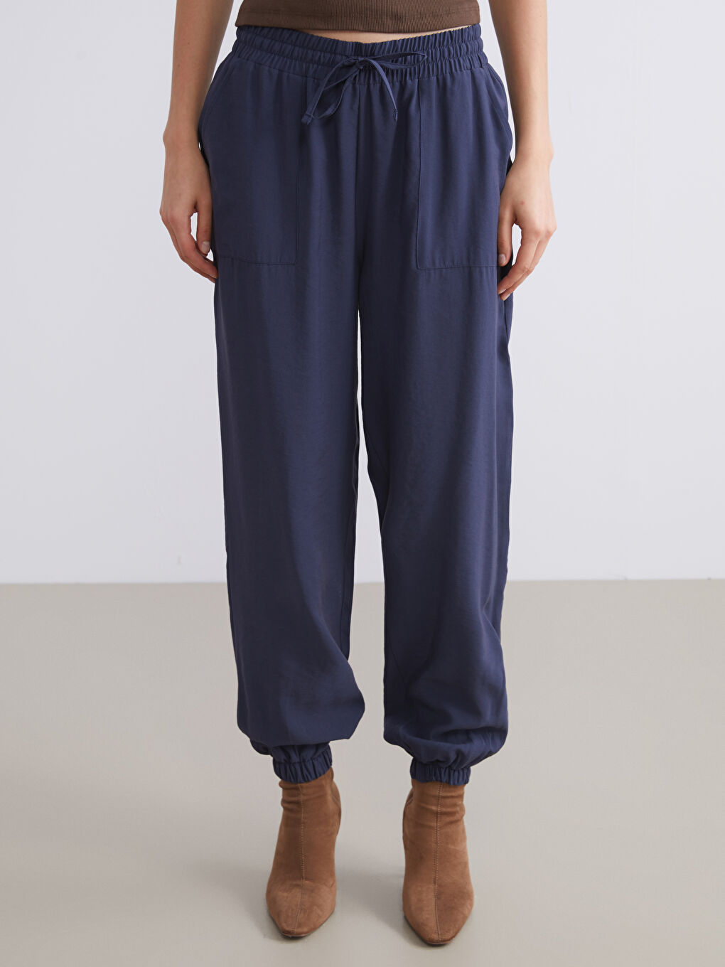 Lacivert Beli Lastikli Kadın Jogger Pantolon-1