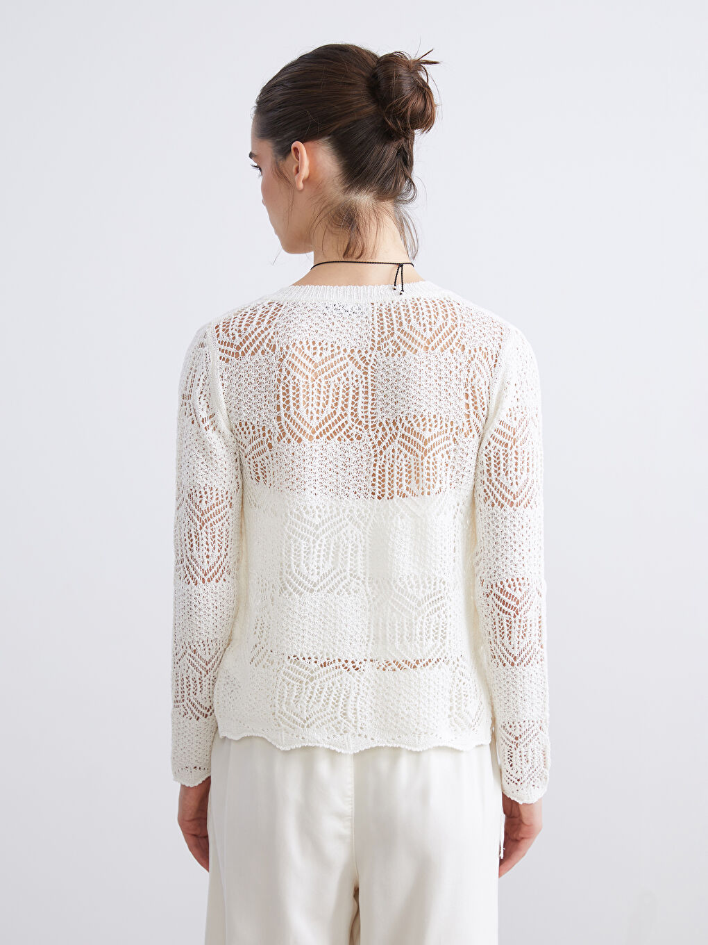 Ekru Bisiklet Yaka Ajurlu Kadın Triko Hırka-3