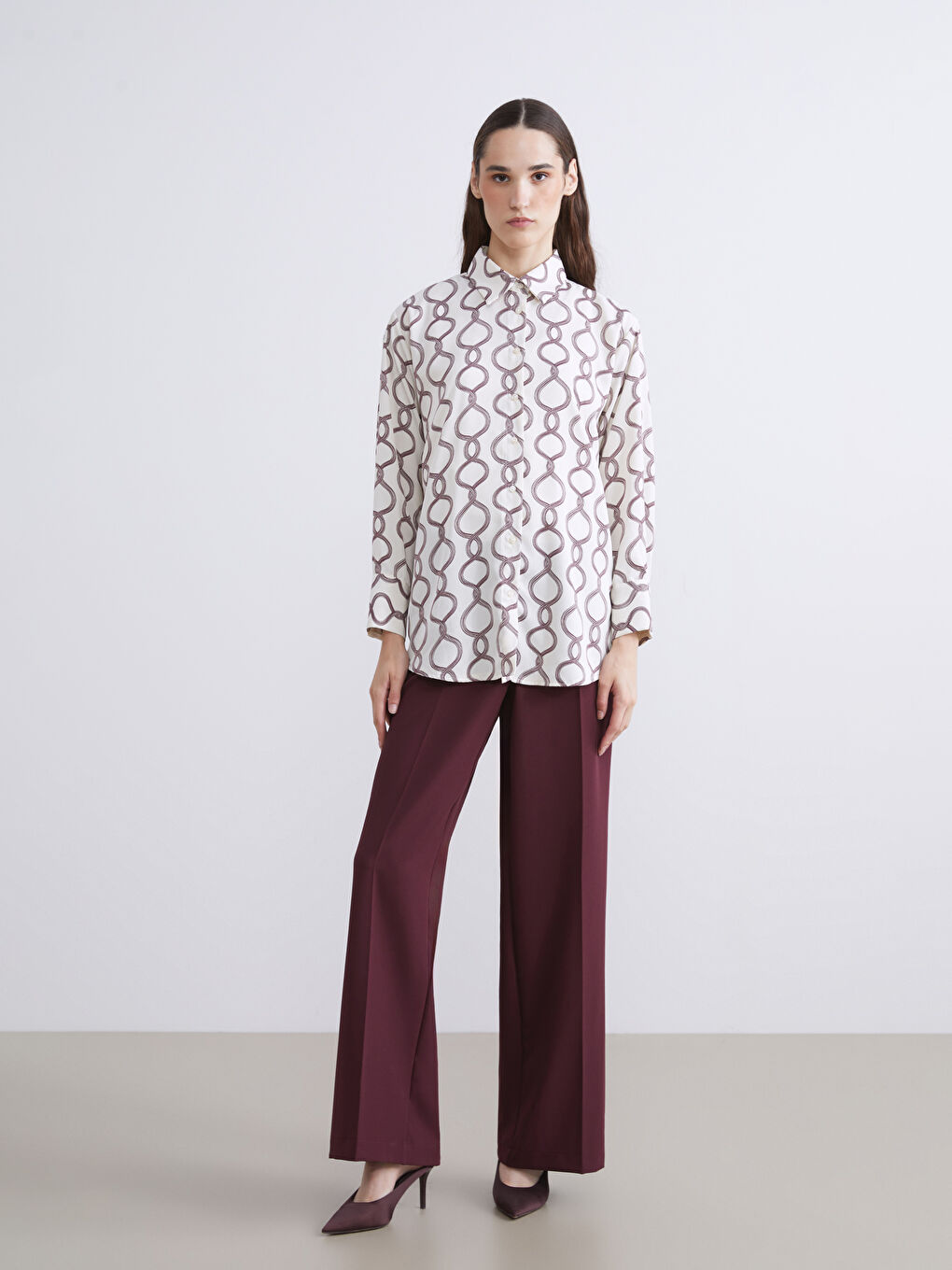 Bej Desenli Saten Kadın Gömlek Tunik-1