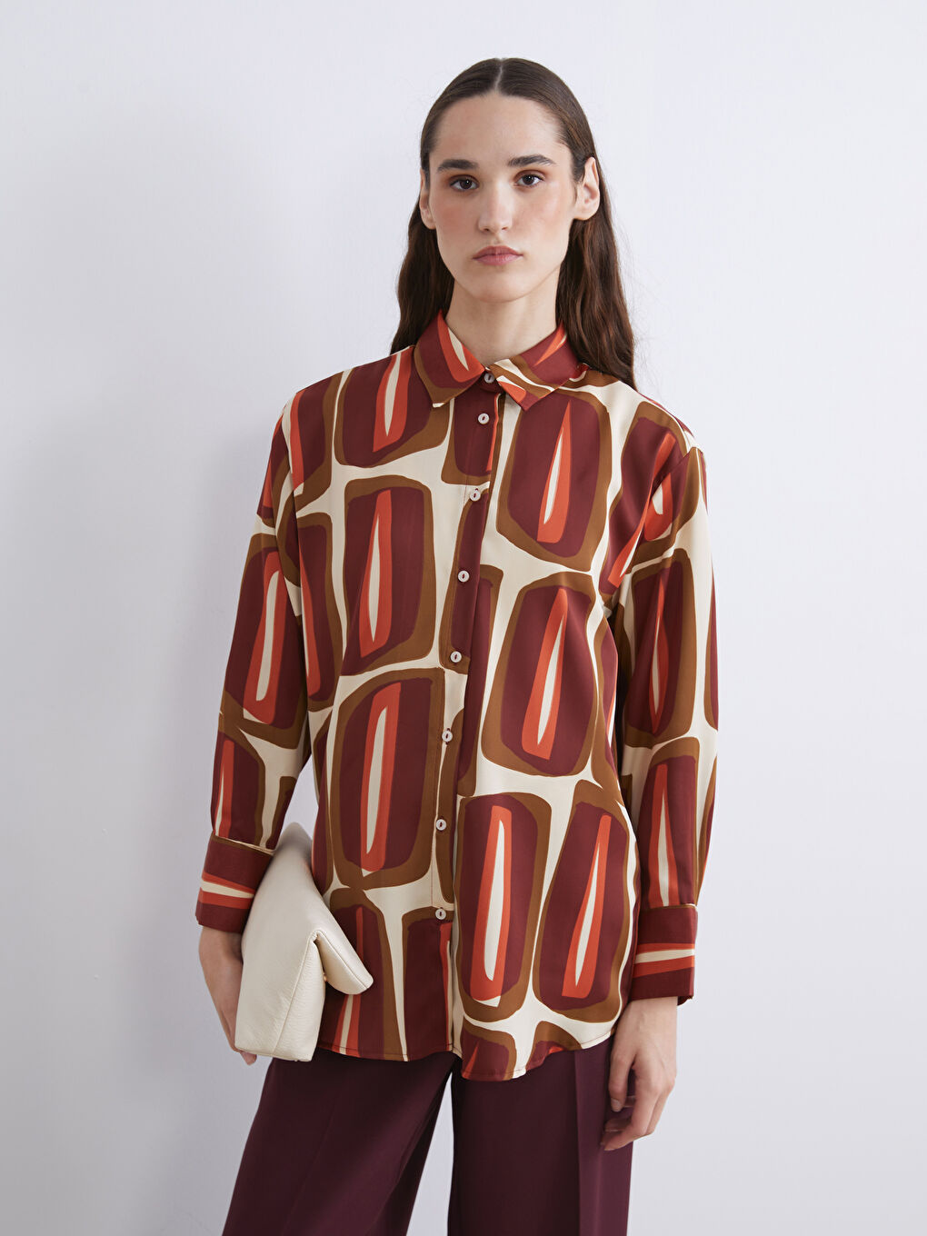 Turuncu Desenli Saten Kadın Gömlek Tunik